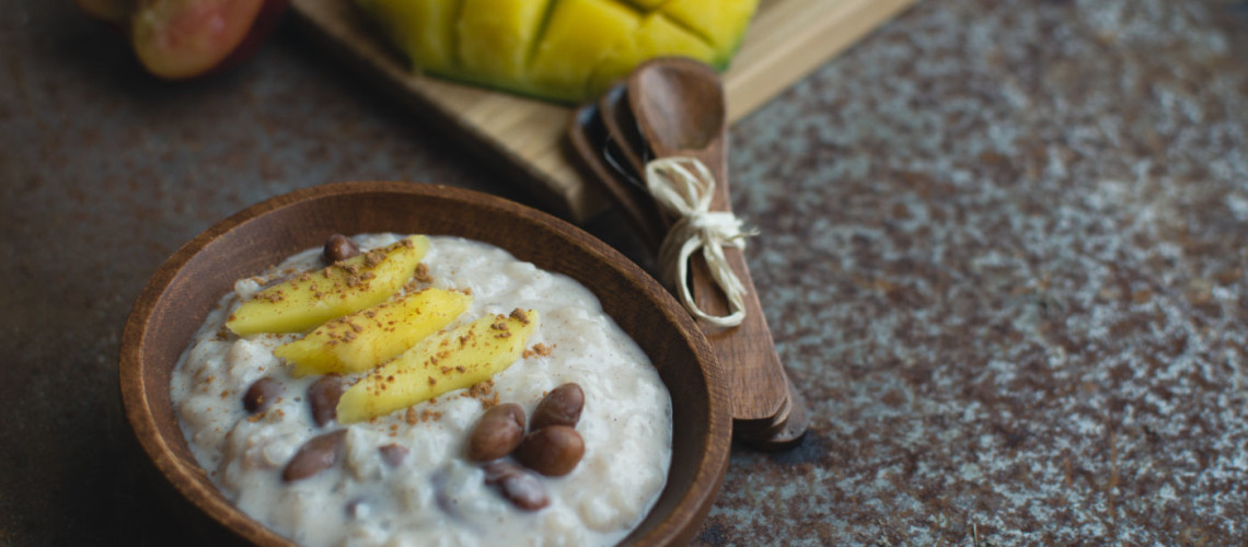 Exotic cinnamon coconut milk rice and beans dessert